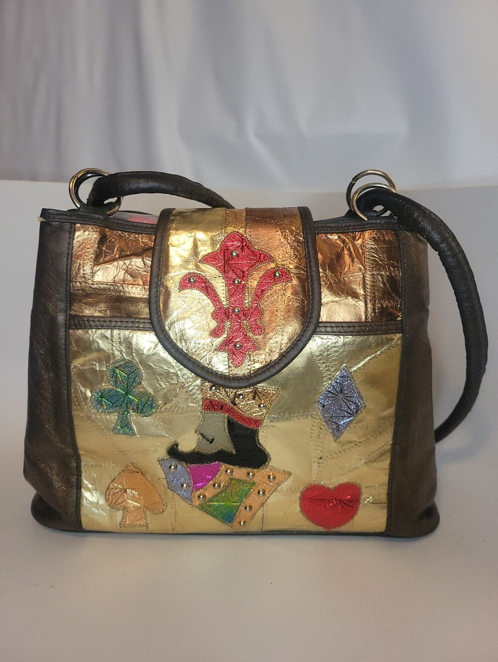 Vintage Golden King Playing Cards Motif Metallic Bag